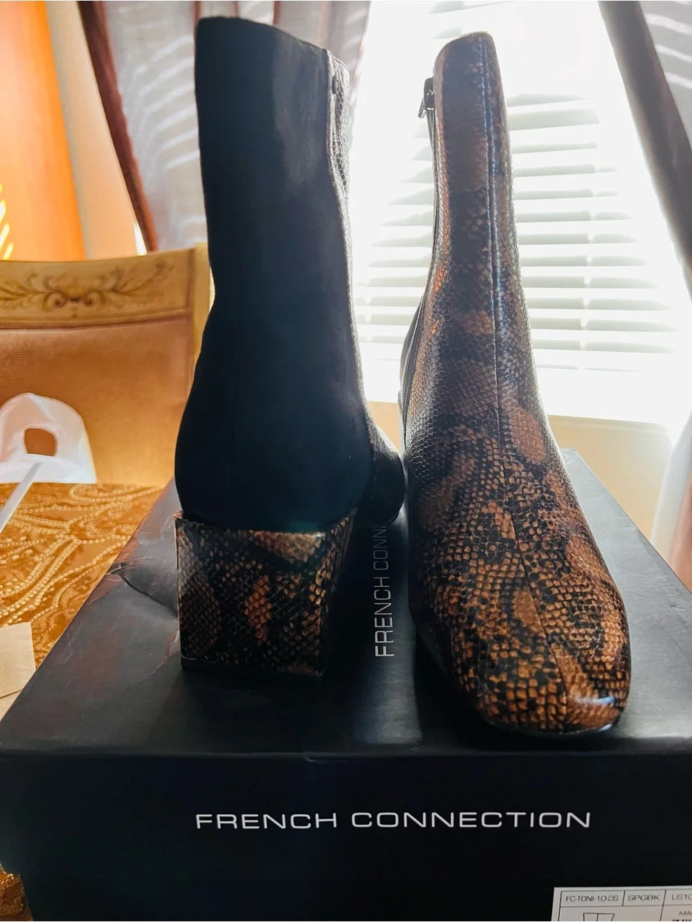 French Connection Black and Brown Snake-Print Block Heel Ankle Boots